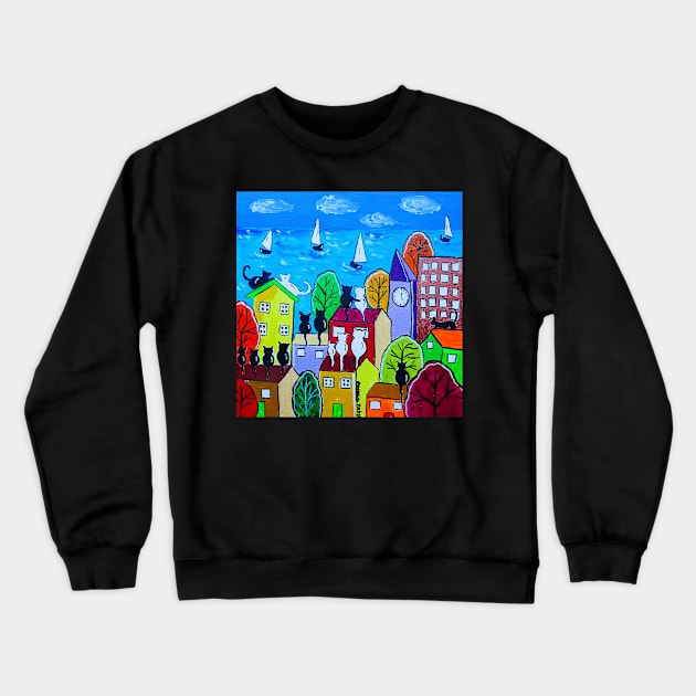 Cats on colourful roofs by the Sea Crewneck Sweatshirt by Casimirasquirkyart